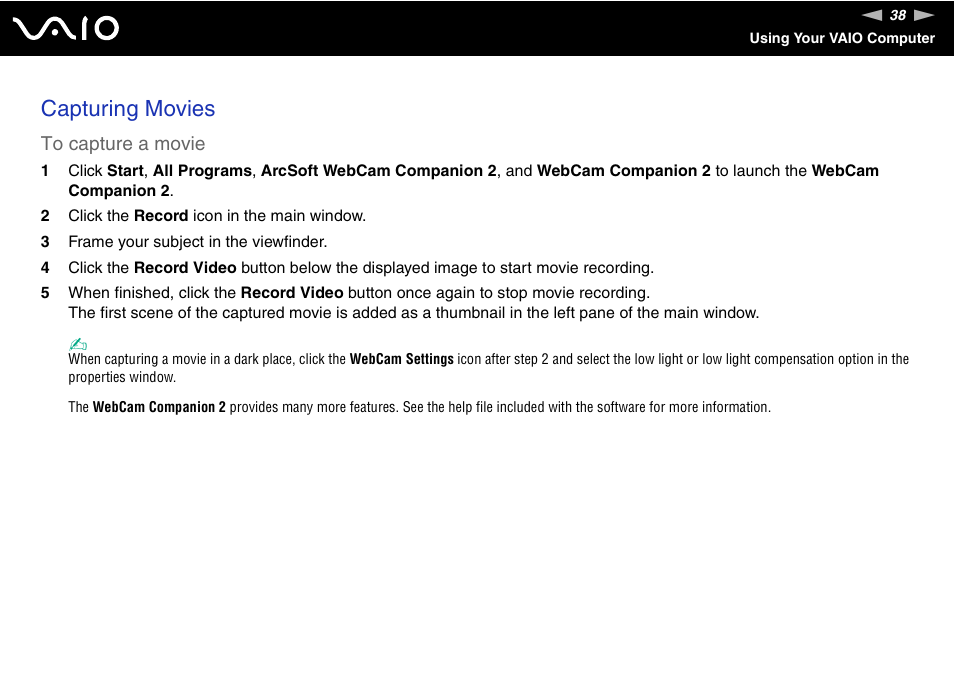 Capturing movies | Sony VGN-Z690N User Manual | Page 38 / 222