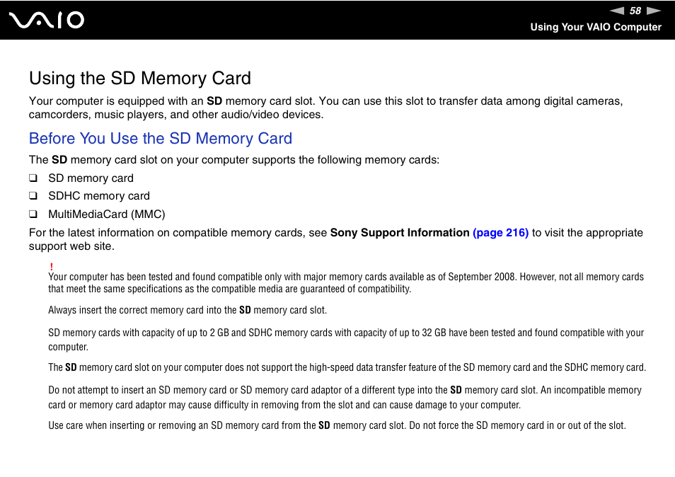 Using the sd memory card | Sony VGN-Z690N User Manual | Page 58 / 222