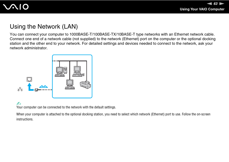Using the network (lan) | Sony VGN-Z690N User Manual | Page 63 / 222