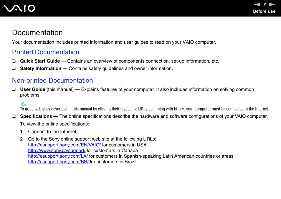 Documentation, Printed documentation, Non-printed documentation | Sony VGN-Z690N User Manual | Page 7 / 222