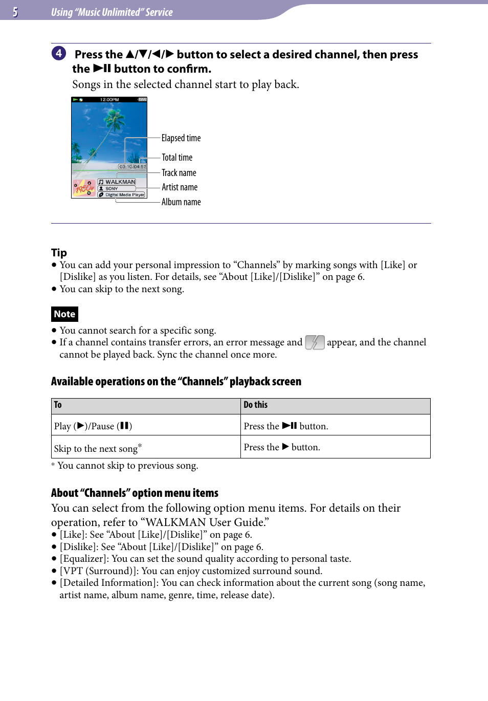 About “channels” option menu items | Sony NWZ-E463PNK User Manual | Page 5 / 8