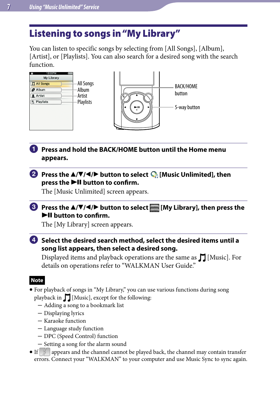 Listening to songs in “my library | Sony NWZ-E463PNK User Manual | Page 7 / 8