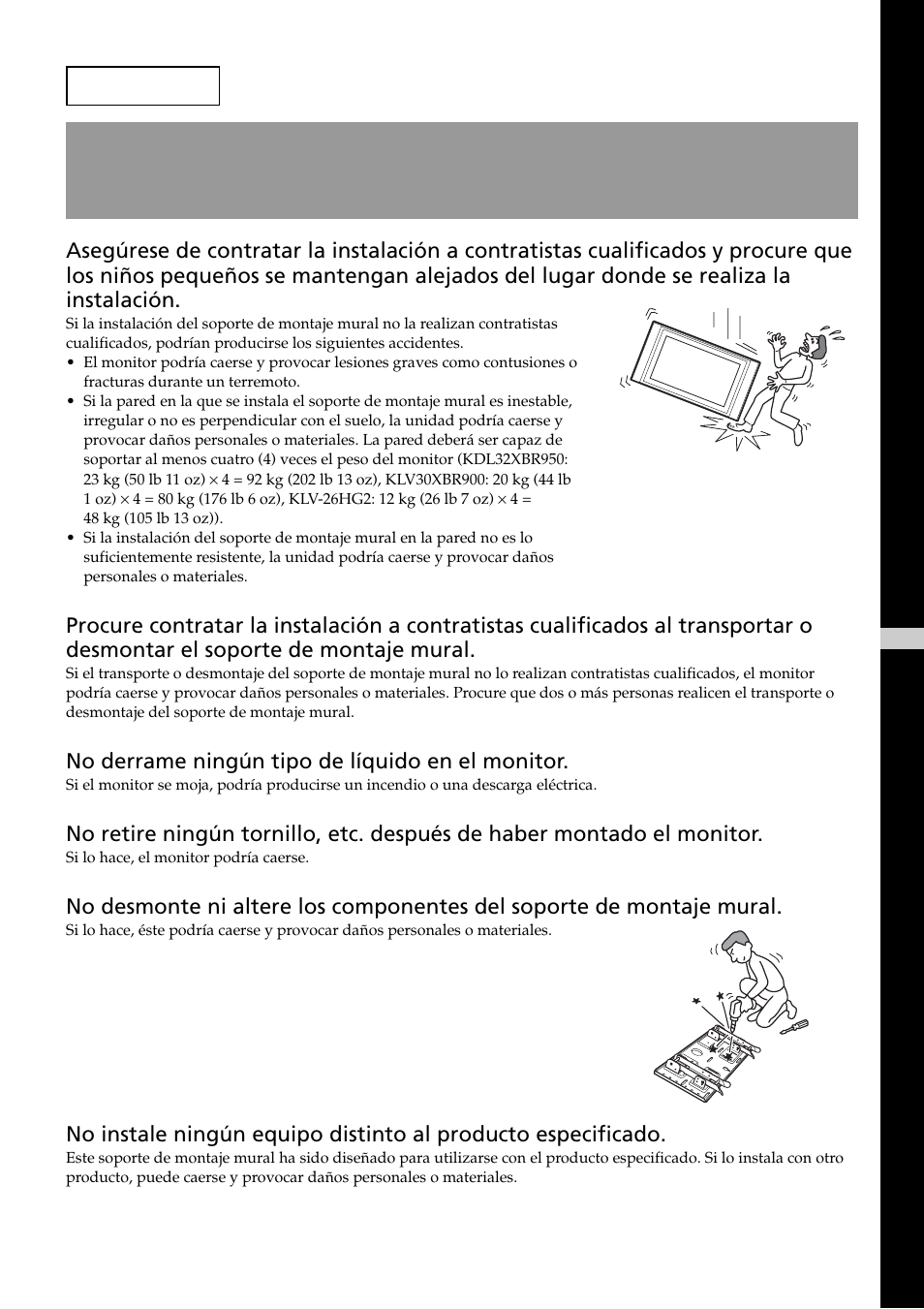 Advertencia, Para clientes, No derrame ningún tipo de líquido en el monitor | Sony SU-LW1 User Manual | Page 43 / 64