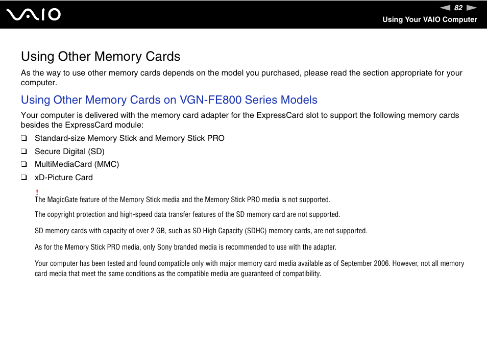 Using other memory cards | Sony VGN-FE890N User Manual | Page 82 / 231