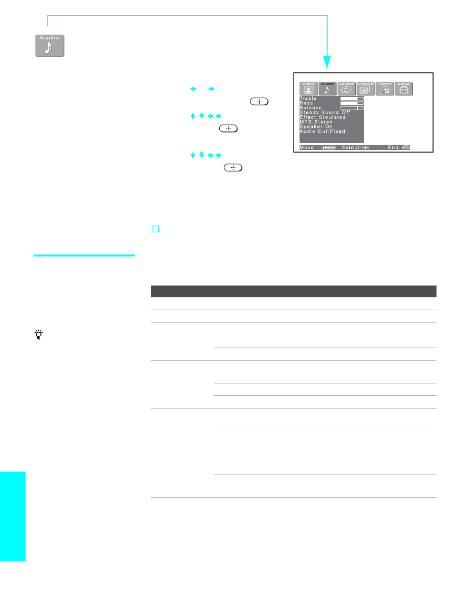 Using the audio menu, Selecting audio options, D 86. also | Menus | Sony KE-42XS910 User Manual | Page 88 / 116