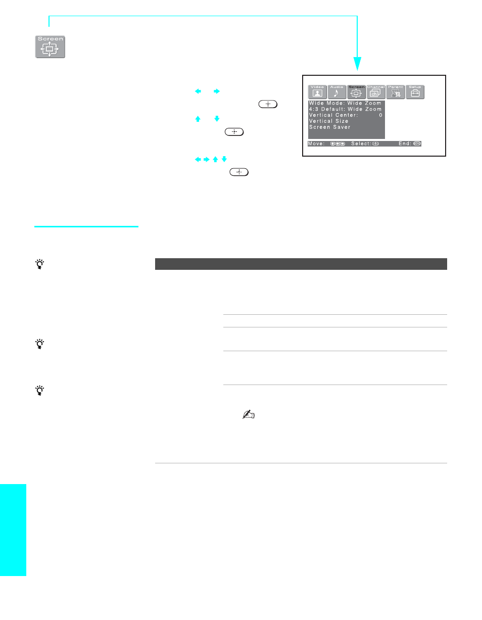 Using the screen menu, Selecting screen mode options, And 88 | Menus | Sony KE-42XS910 User Manual | Page 90 / 116