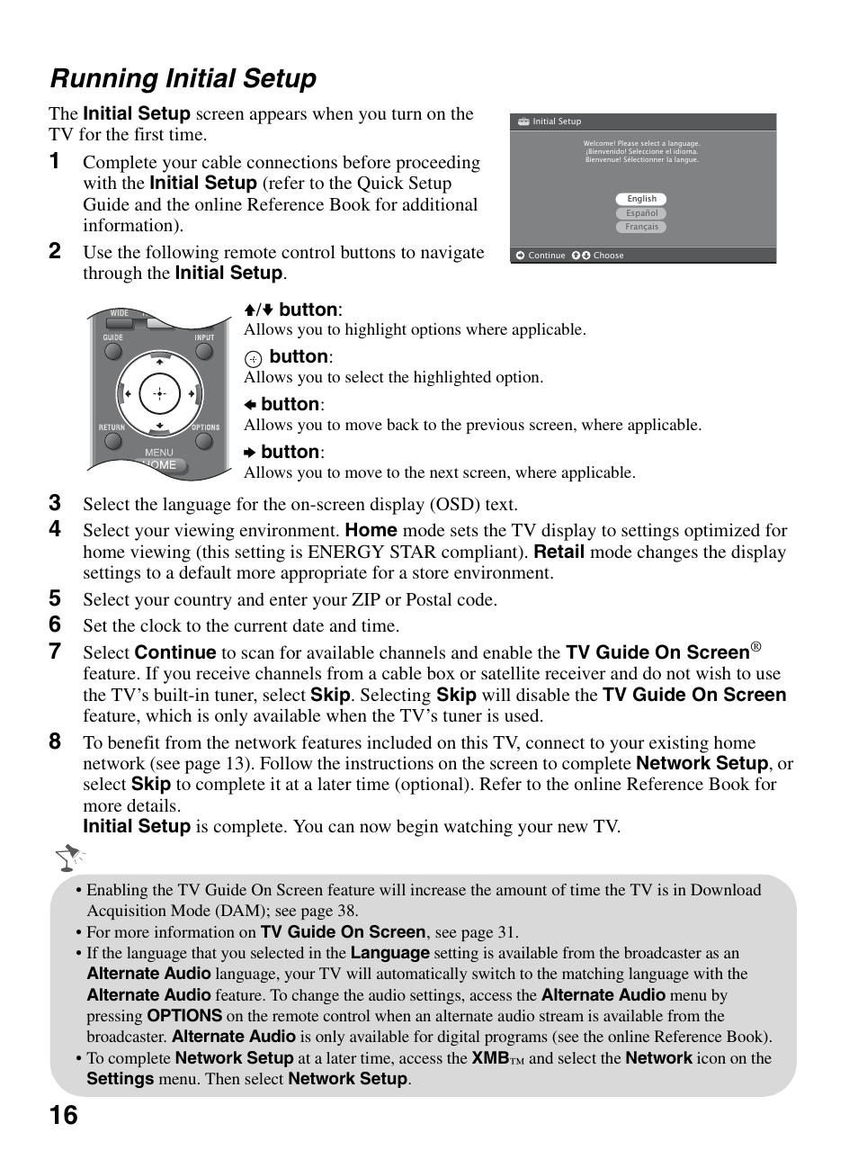 Running initial setup, 16 running initial setup | Sony KDL-46W5150 User Manual | Page 16 / 40