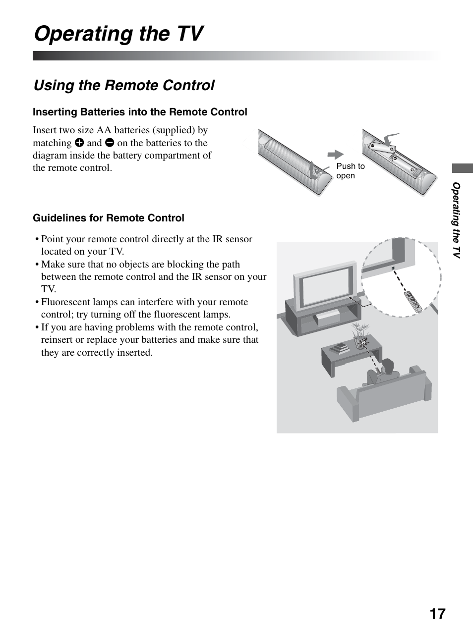 Operating the tv, Using the remote control | Sony KDL-46W5150 User Manual | Page 17 / 40