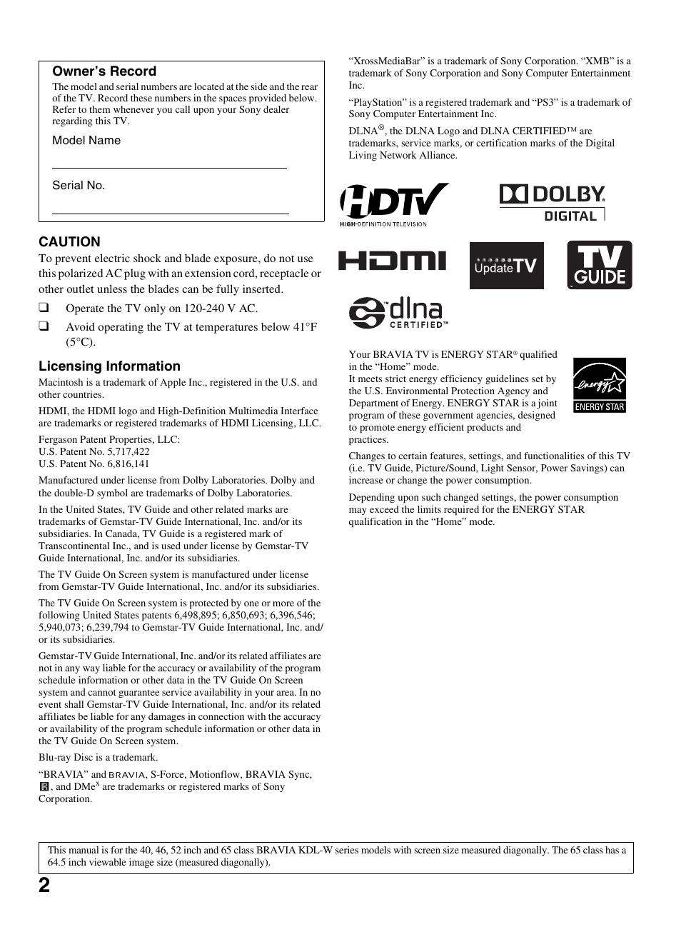 Caution, Licensing information, Owner’s record | Sony KDL-46W5150 User Manual | Page 2 / 40