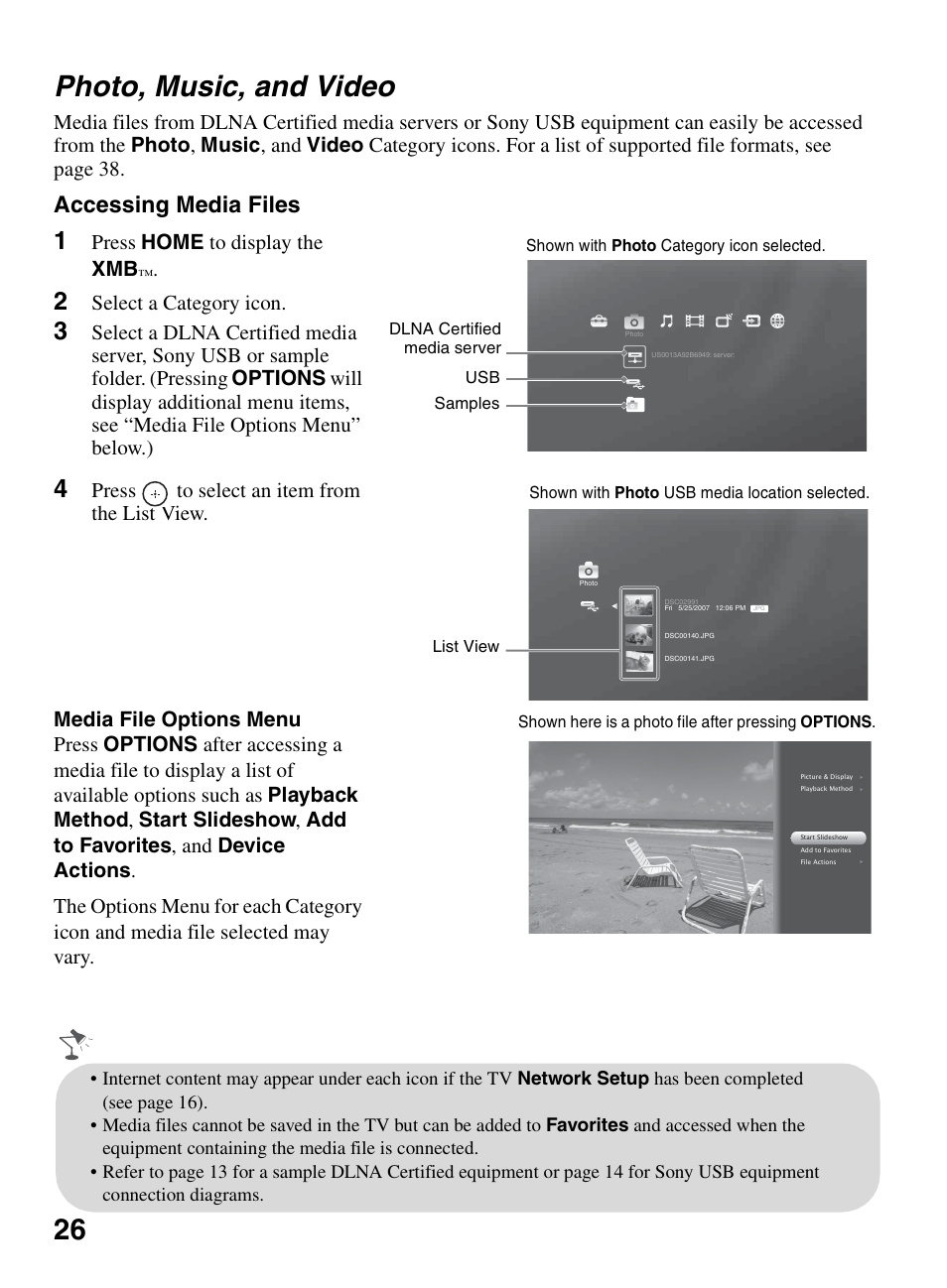 Photo, music, and video, 26 photo, music, and video, Accessing media files | Press home to display the xmb, Select a category icon | Sony KDL-46W5150 User Manual | Page 26 / 40