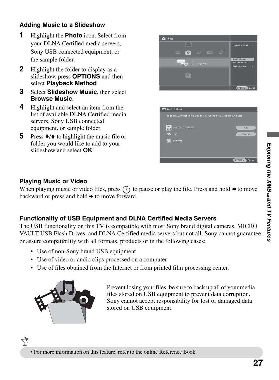 Adding music to a slideshow, Select slideshow music , then select browse music | Sony KDL-46W5150 User Manual | Page 27 / 40