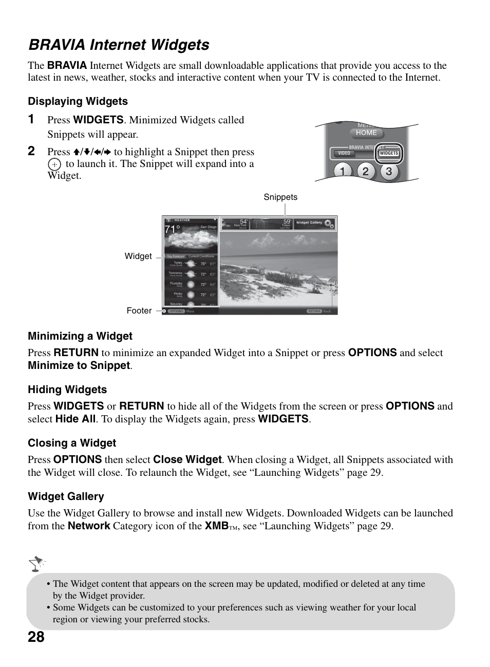 Bravia internet widgets, 28 bravia internet widgets | Sony KDL-46W5150 User Manual | Page 28 / 40