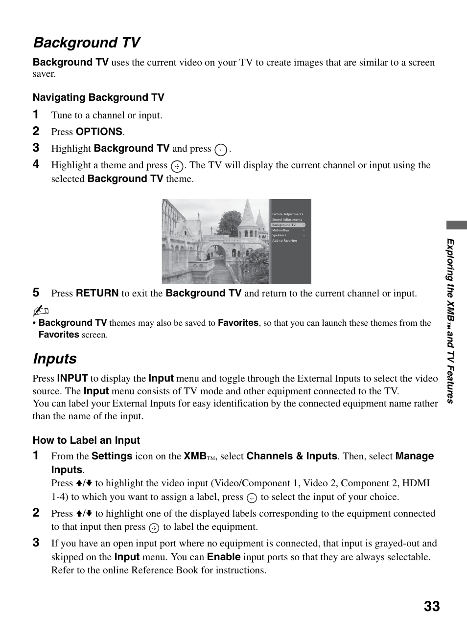 Background tv, Inputs, Background tv inputs | 33 background tv | Sony KDL-46W5150 User Manual | Page 33 / 40