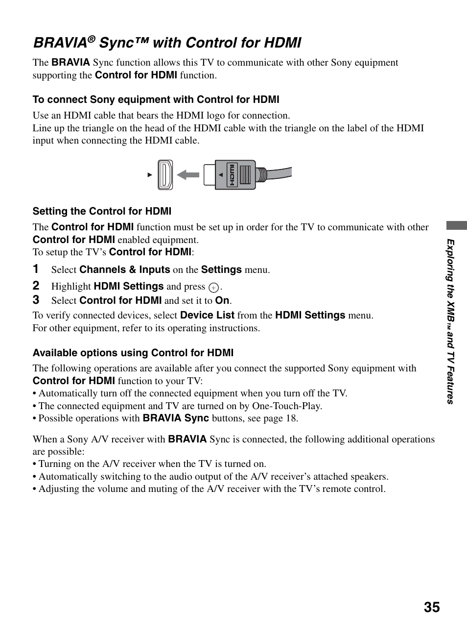 Bravia® sync™ with control for hdmi, Bravia, Sync™ with control | For hdmi, 35 bravia, Sync™ with control for hdmi | Sony KDL-46W5150 User Manual | Page 35 / 40