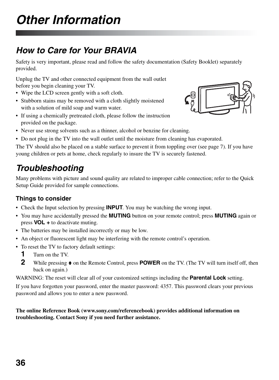 Other information, How to care for your bravia, Troubleshooting | How to care for your bravia troubleshooting | Sony KDL-46W5150 User Manual | Page 36 / 40