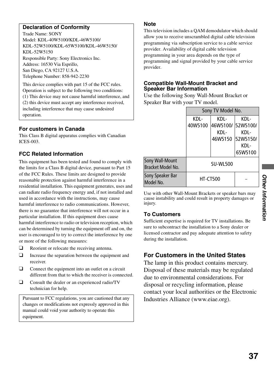 Sony KDL-46W5150 User Manual | Page 37 / 40