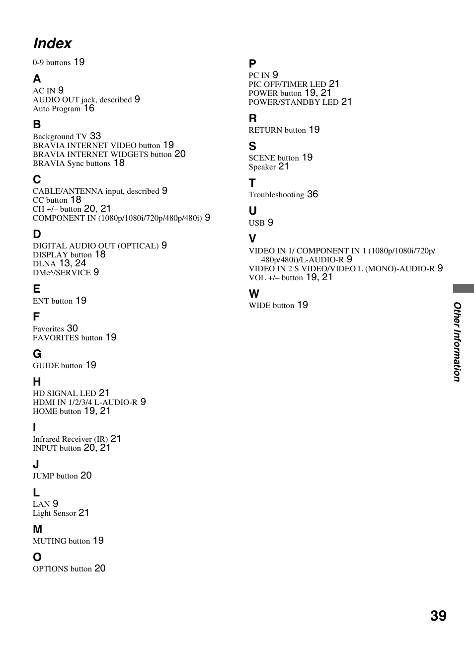 Index | Sony KDL-46W5150 User Manual | Page 39 / 40