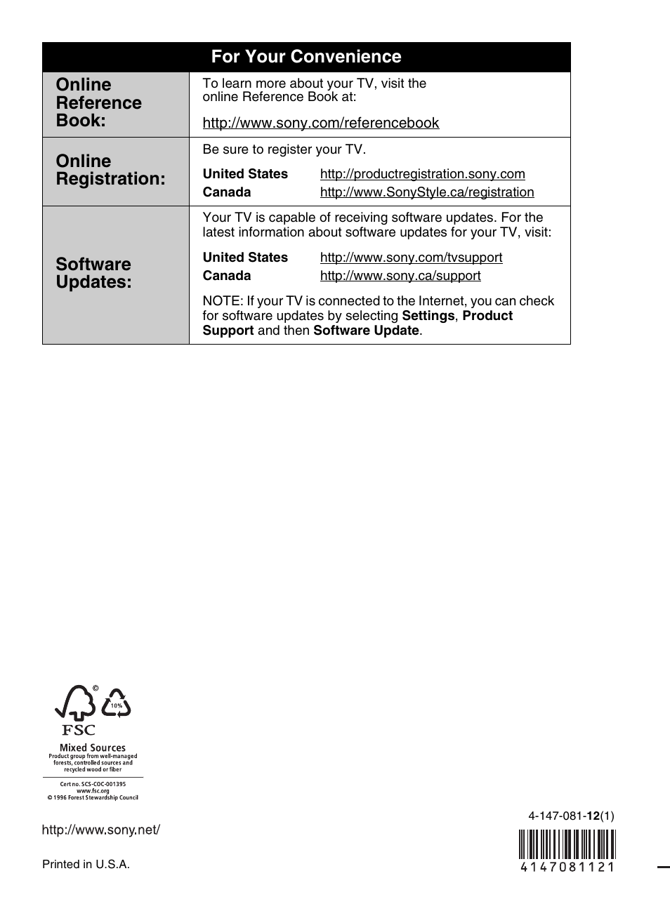 For your convenience online reference book, Online registration, Software updates | Sony KDL-46W5150 User Manual | Page 40 / 40
