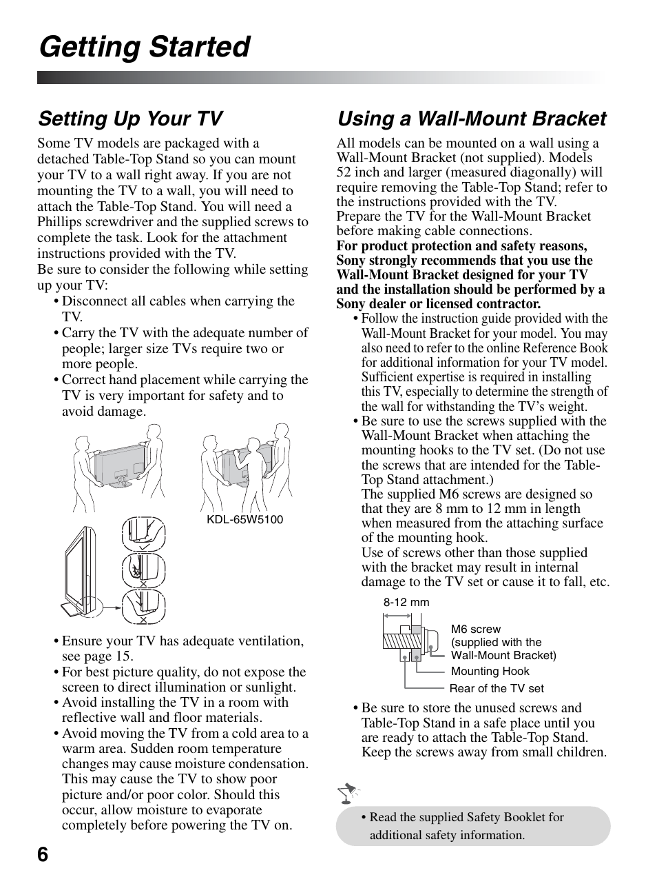 Getting started, Setting up your tv, Using a wall-mount bracket | Setting up your tv using a wall-mount bracket | Sony KDL-46W5150 User Manual | Page 6 / 40