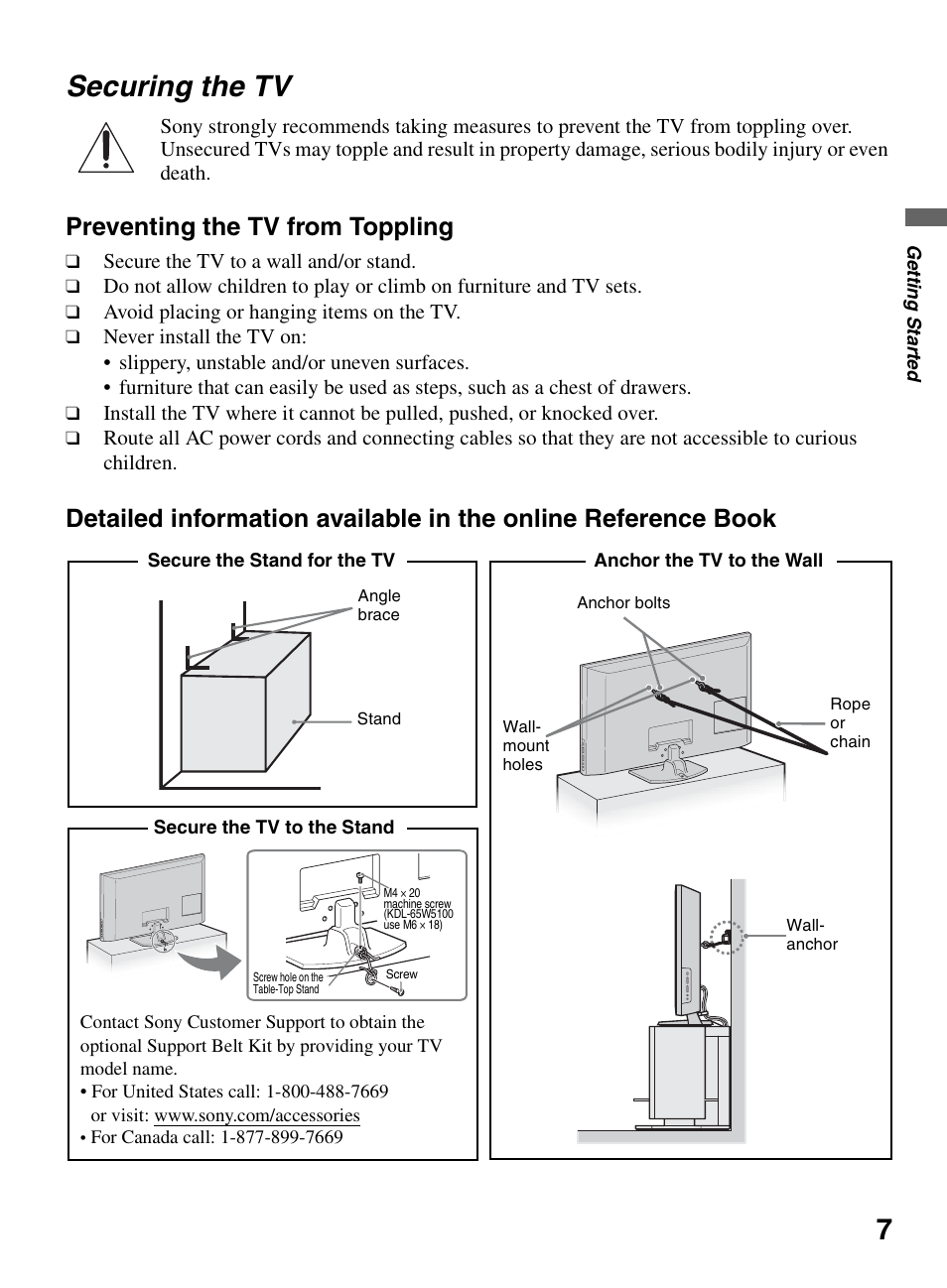 Securing the tv, 7securing the tv, Preventing the tv from toppling | Sony KDL-46W5150 User Manual | Page 7 / 40