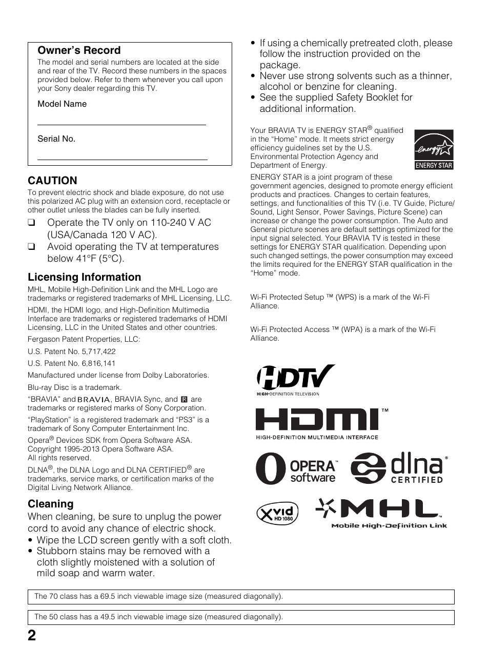 Caution, Licensing information, Cleaning | Owner’s record | Sony KDL-70R550A User Manual | Page 2 / 84
