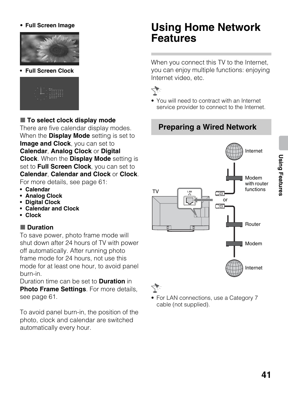 Using home network features, Preparing a wired network | Sony KDL-70R550A User Manual | Page 41 / 84