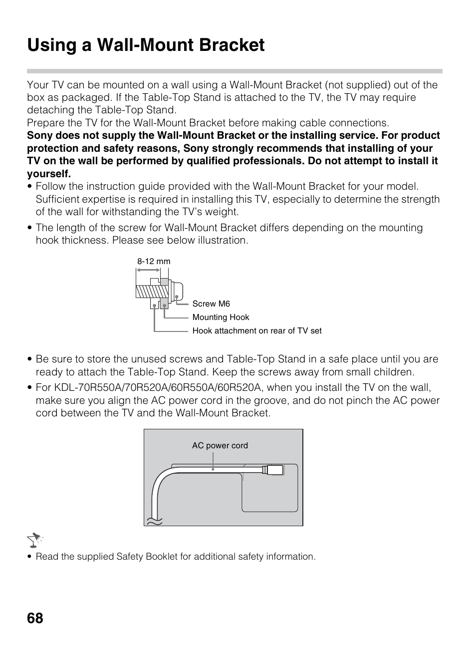 Using a wall-mount bracket | Sony KDL-70R550A User Manual | Page 68 / 84