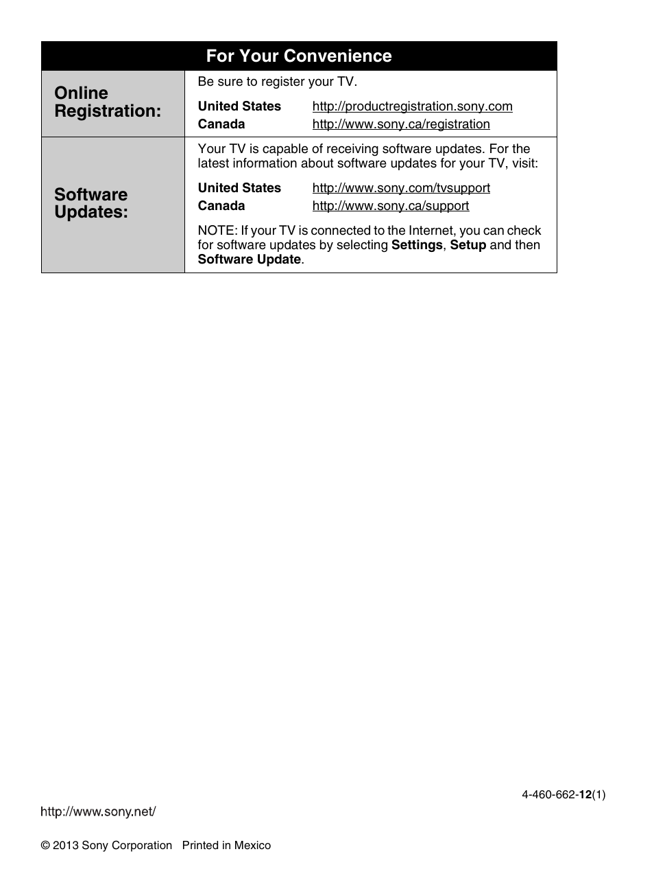 For your convenience online registration, Software updates | Sony KDL-70R550A User Manual | Page 84 / 84