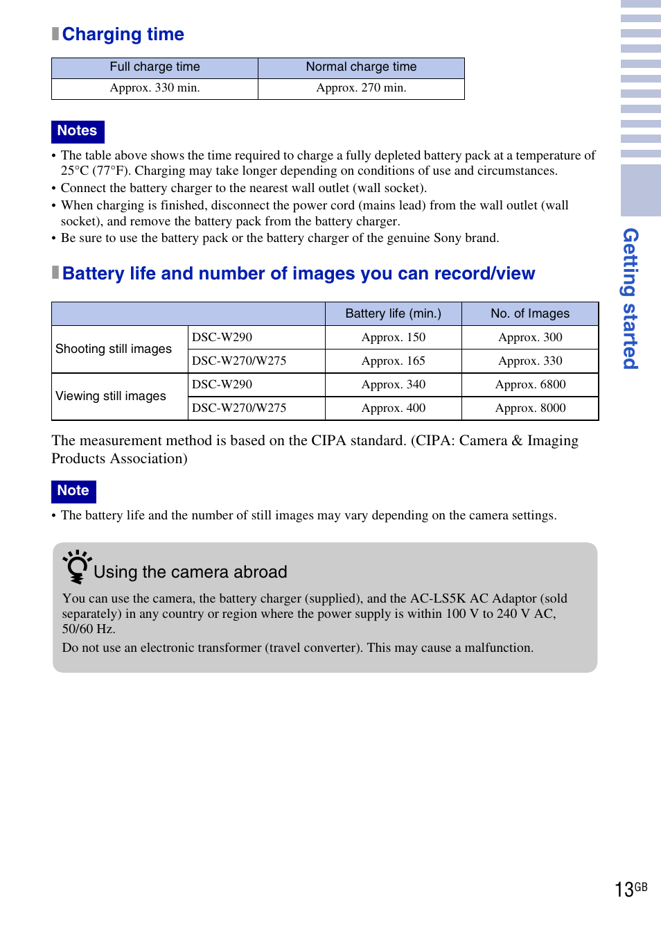 Get ting st art e d, Xcharging time | Sony DSC-W290 User Manual | Page 13 / 60