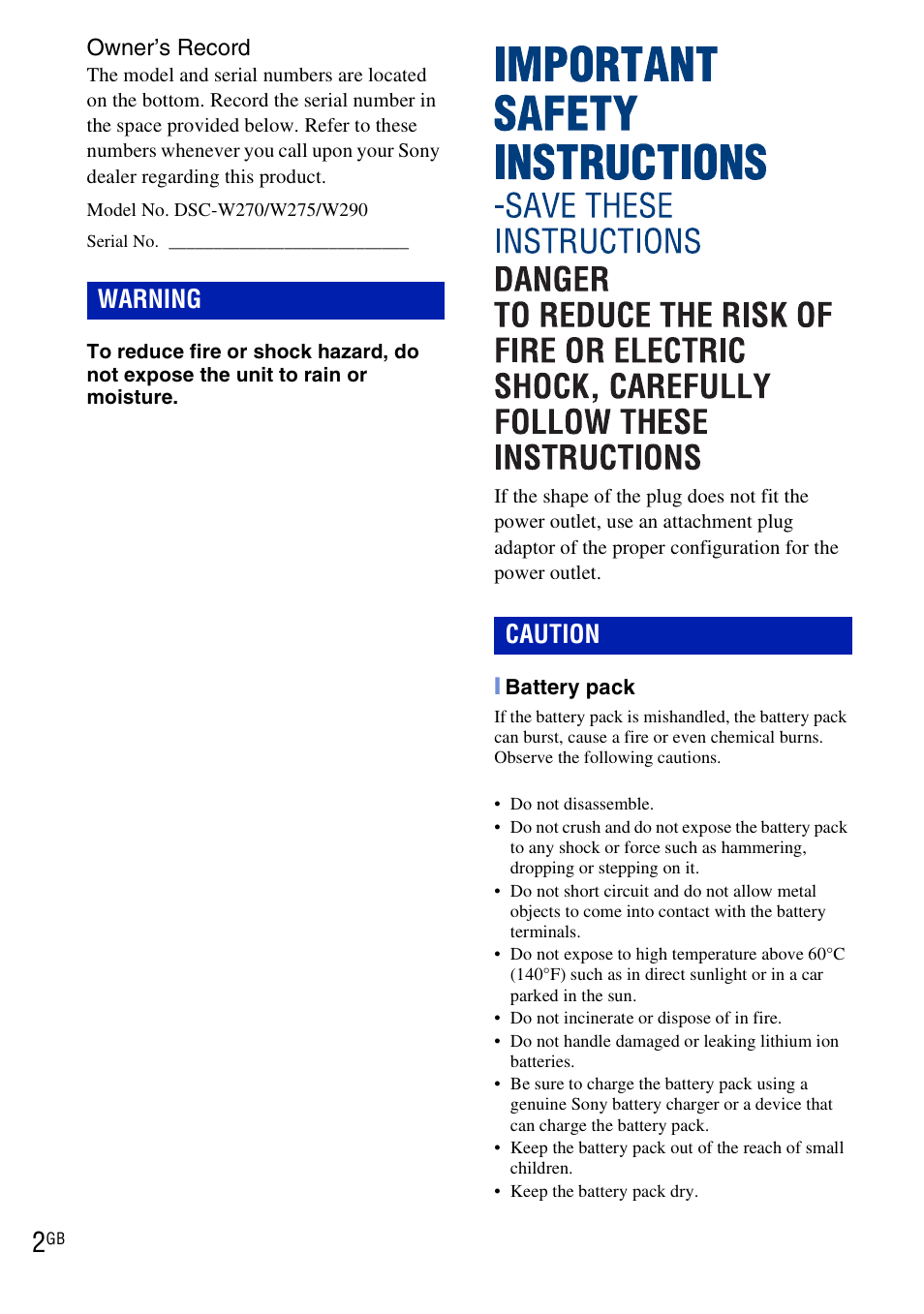 Warning caution | Sony DSC-W290 User Manual | Page 2 / 60
