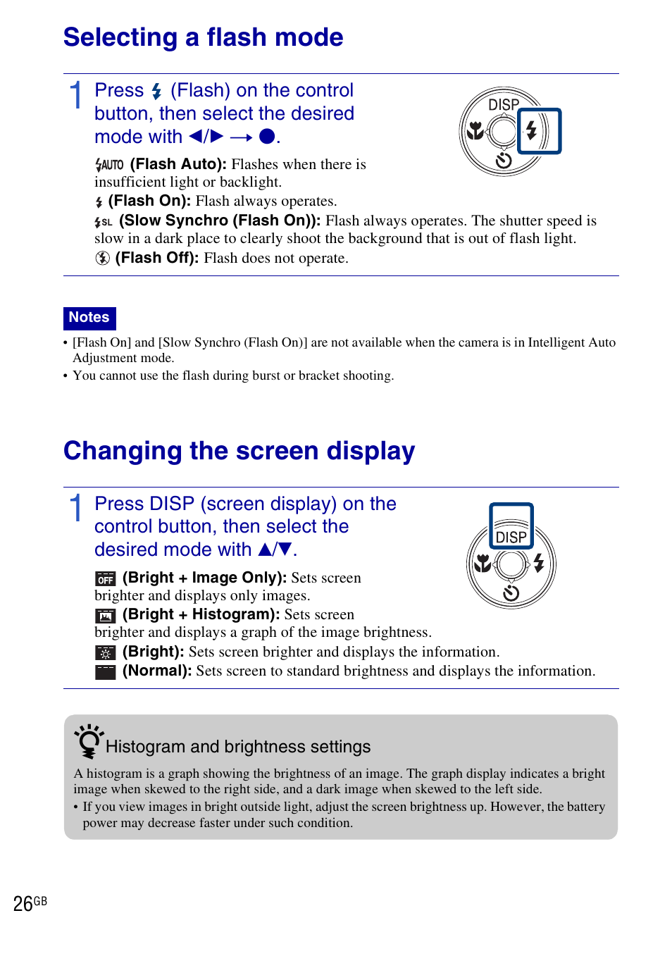 Selecting a flash mode, Changing the screen display, Selecting a flash mode changing the screen display | Sony DSC-W290 User Manual | Page 26 / 60