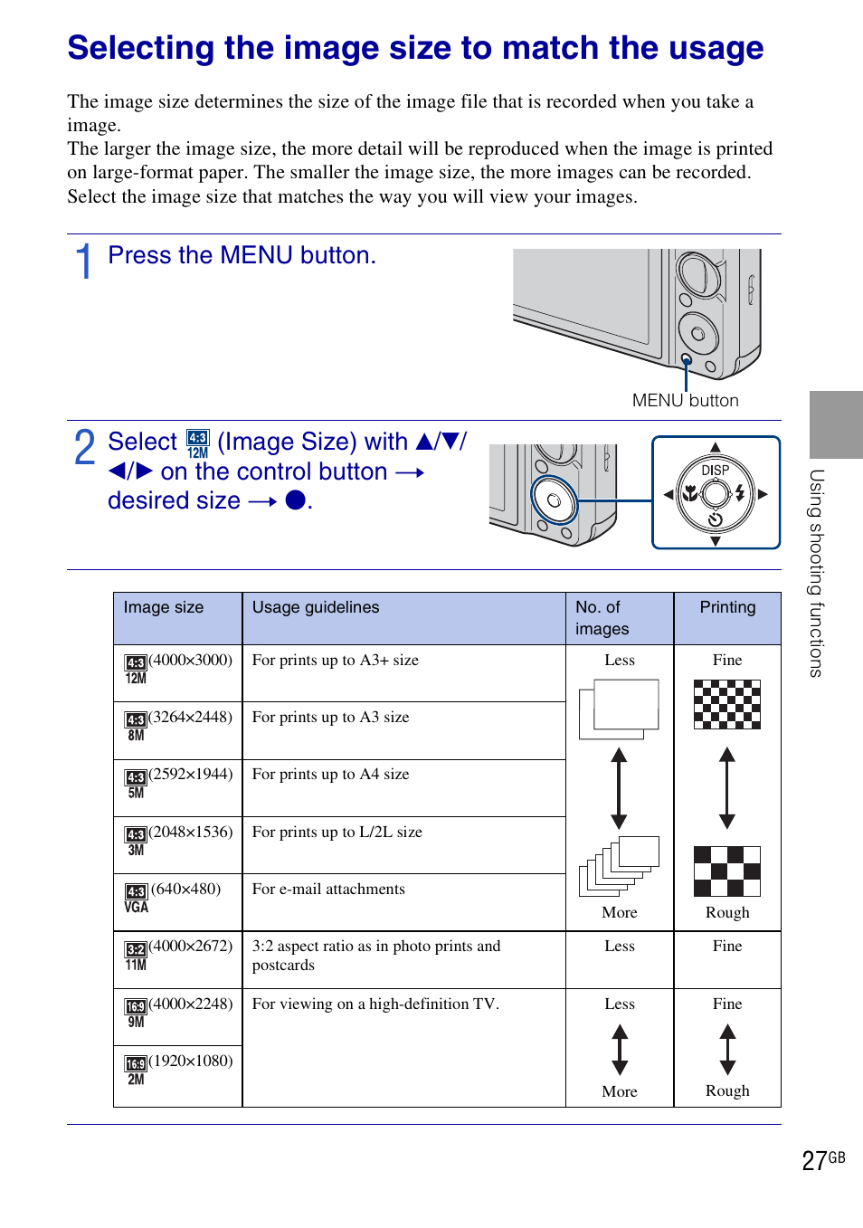 Selecting the image size to match the usage, Press the menu button | Sony DSC-W290 User Manual | Page 27 / 60