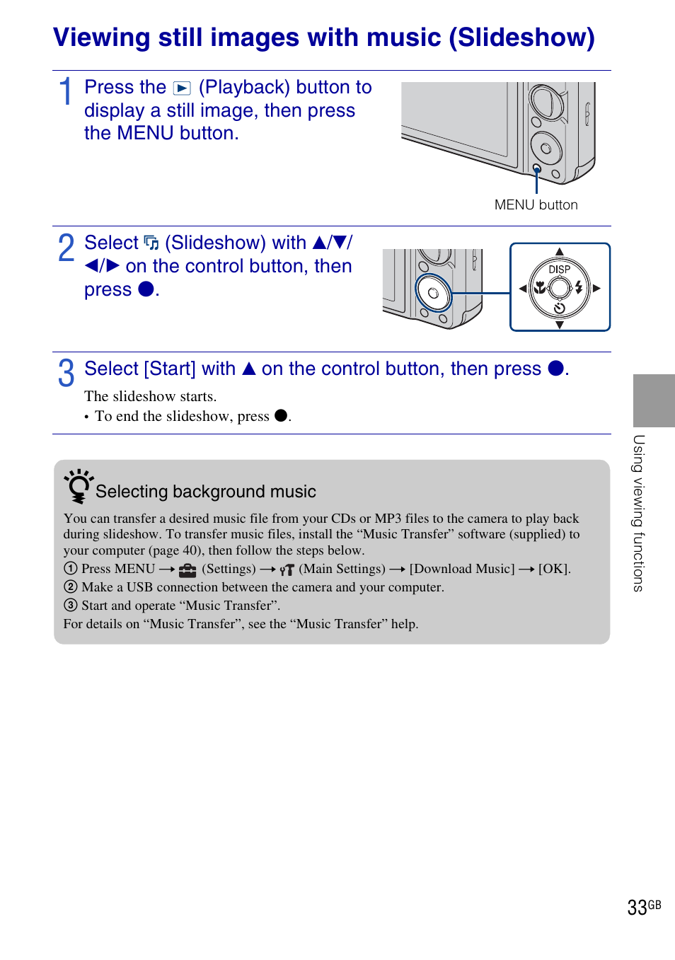 Viewing still images with music (slideshow) | Sony DSC-W290 User Manual | Page 33 / 60