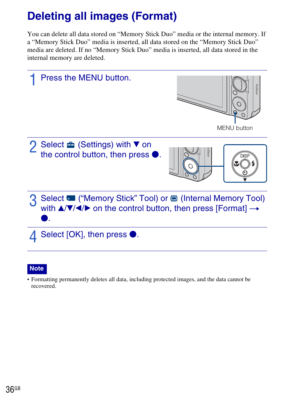 Deleting all images (format) | Sony DSC-W290 User Manual | Page 36 / 60