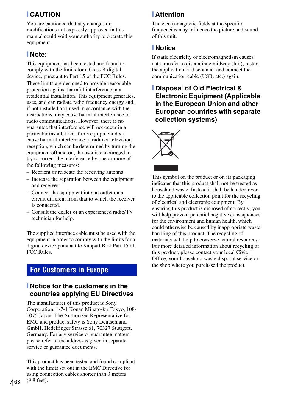 For customers in europe | Sony DSC-W290 User Manual | Page 4 / 60