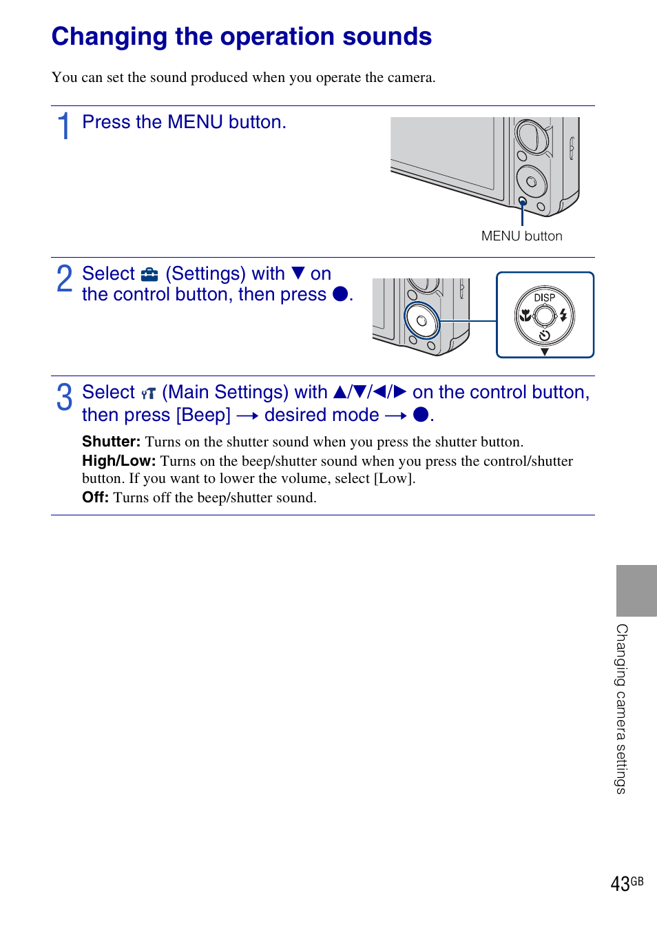 Changing camera settings, Changing the operation sounds | Sony DSC-W290 User Manual | Page 43 / 60
