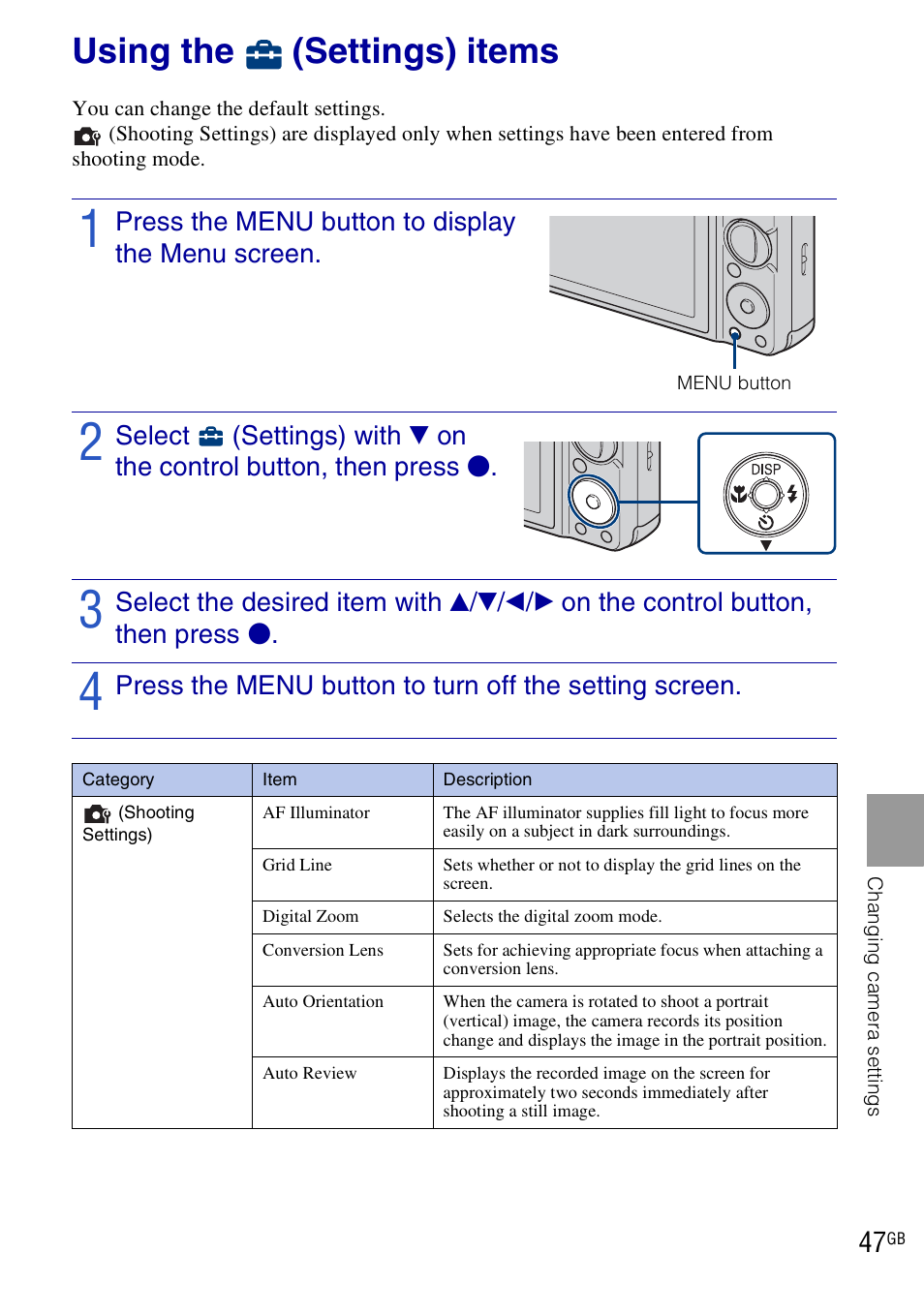 Using the (settings) items, Using the, Settings) items | Sony DSC-W290 User Manual | Page 47 / 60