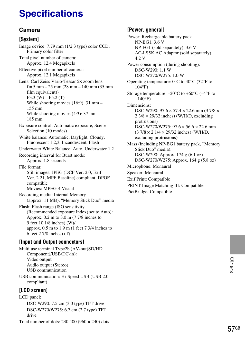 Specifications | Sony DSC-W290 User Manual | Page 57 / 60