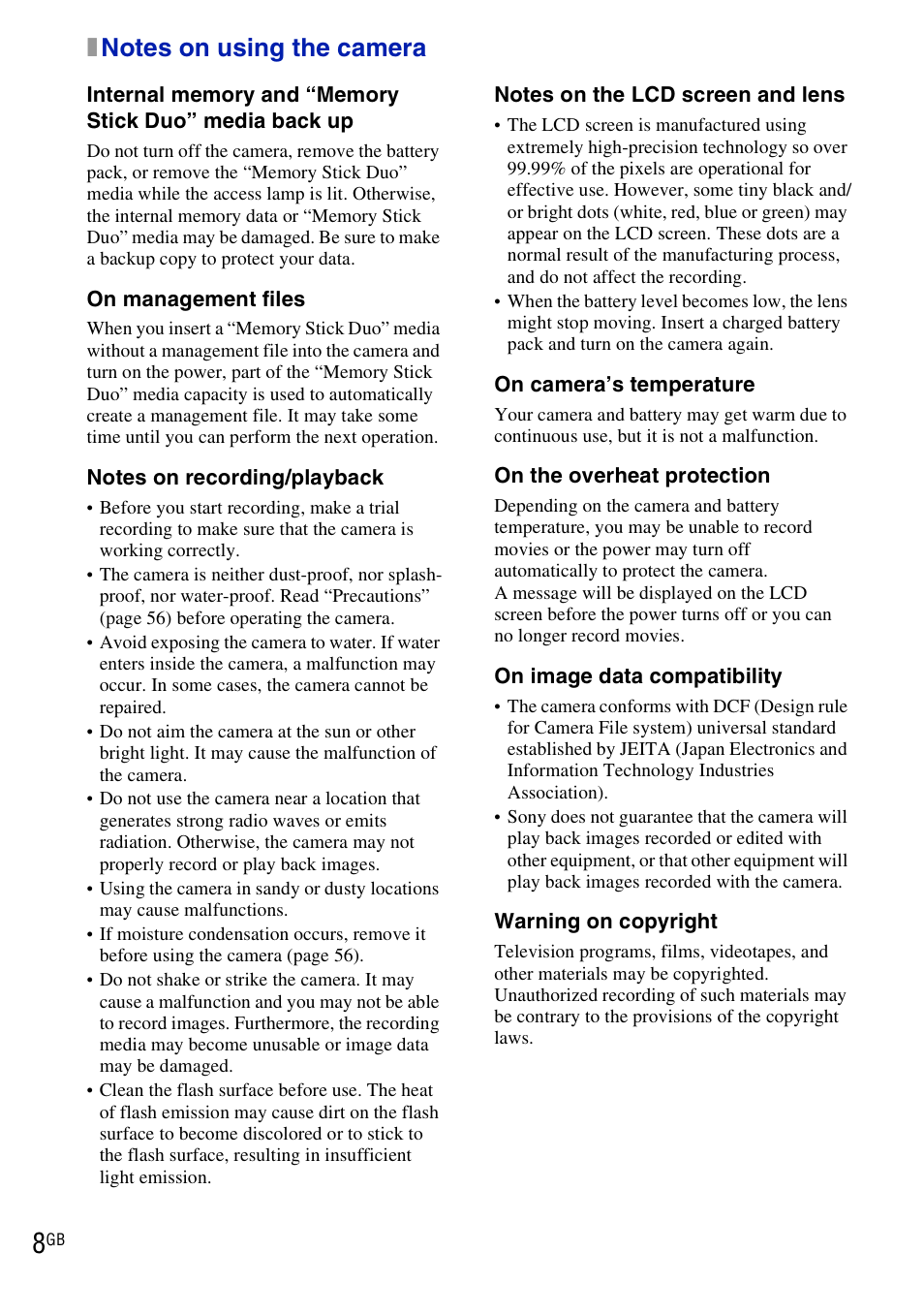 Notes on using the camera | Sony DSC-W290 User Manual | Page 8 / 60