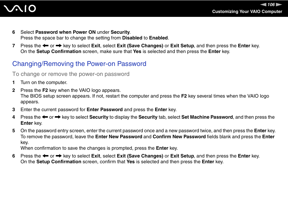 Changing/removing the power-on password | Sony VGN-FE680G User Manual | Page 106 / 195