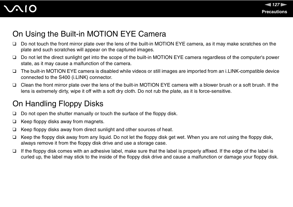 On using the built-in motion eye camera, On handling floppy disks | Sony VGN-FE680G User Manual | Page 127 / 195