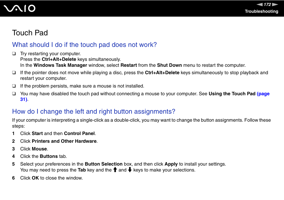 Touch pad, What should i do if the touch pad does not work | Sony VGN-FE680G User Manual | Page 172 / 195