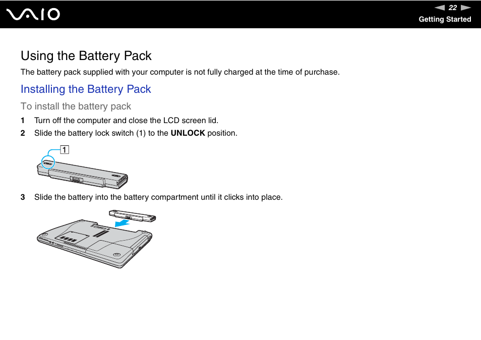 Using the battery pack, Installing the battery pack | Sony VGN-FE680G User Manual | Page 22 / 195