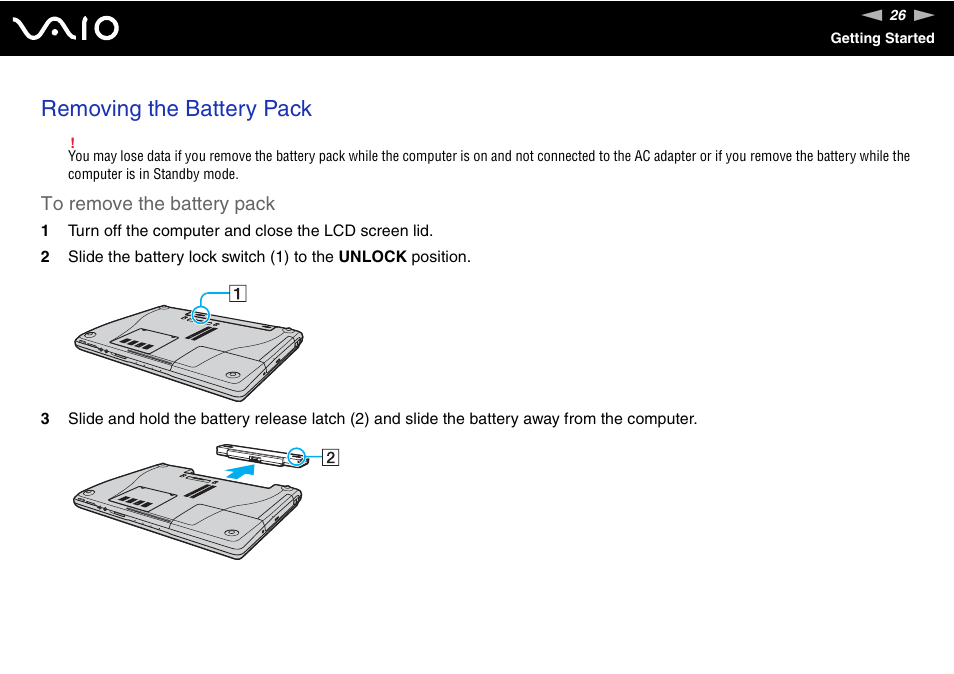 Removing the battery pack | Sony VGN-FE680G User Manual | Page 26 / 195