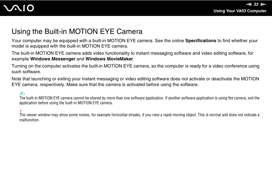 Using the built-in motion eye camera | Sony VGN-FE680G User Manual | Page 33 / 195