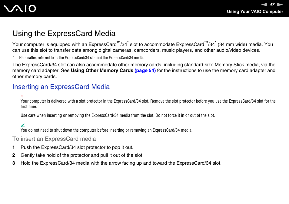 Using the expresscard media, Inserting an expresscard media | Sony VGN-FE680G User Manual | Page 47 / 195