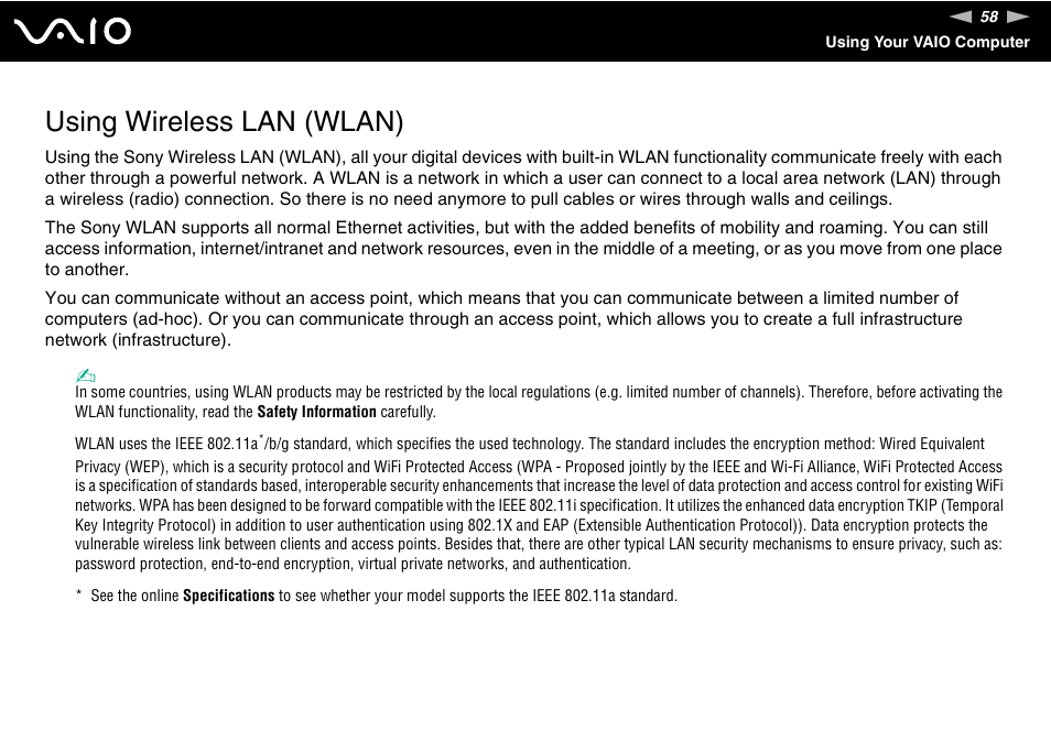 Using wireless lan (wlan) | Sony VGN-FE680G User Manual | Page 58 / 195