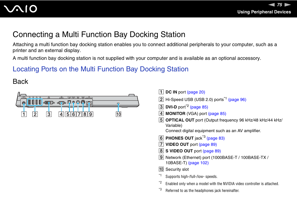 Connecting a multi function bay docking station | Sony VGN-FE680G User Manual | Page 75 / 195