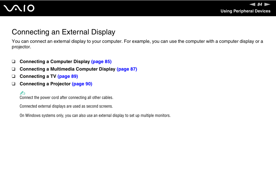Connecting an external display | Sony VGN-FE680G User Manual | Page 84 / 195