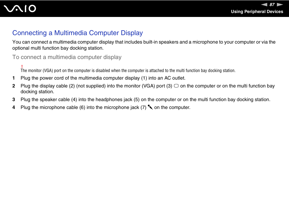 Connecting a multimedia computer display | Sony VGN-FE680G User Manual | Page 87 / 195